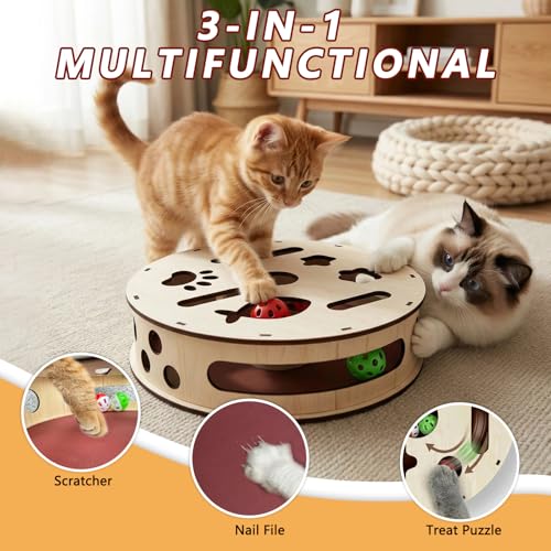 Large Cylindrical Cat Nail File Box, Wooden Cat Scratch Puzzle Box with Sandpaper & Bells, Interactive Cat Scratcher, Stress-Free Nail Trimming for Indoor Cats — view 2