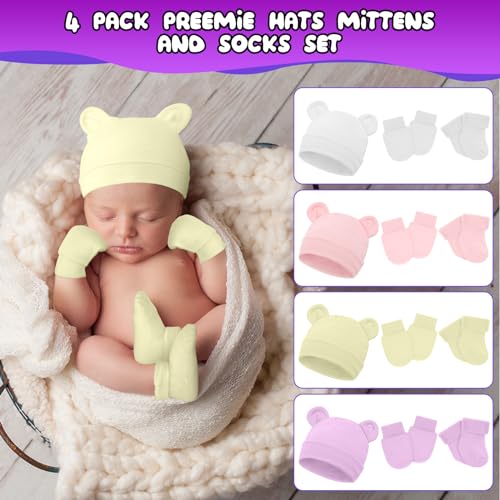 Cuffbow 4 Pcs Preemie Hats Mittens and Socks Set Preemie Mittens Warm Terry Socks for Baby4