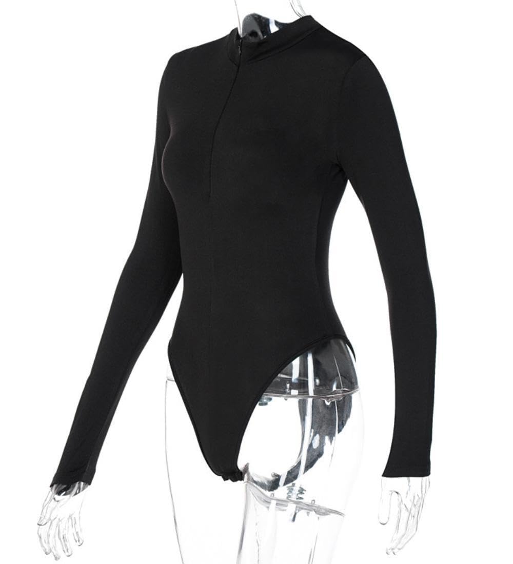 Body damskie z długim rękawem, seksowny golf, dekolt w serek, body slim fit, kombinezon z zamkiem błyskawicznym z przodu, rozciągany, trykot, szykowny garnitur, codzienny ubiór