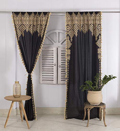 Madhu International Tassel Curtains - Fringe Curtains - Mandala Curtains - Tapestry Curtains - Boho Curtain for Windows, Living Room, Bedroom - Dorm Room Curtains - 41â€ W x 87â€ L, Black Gold Tassel