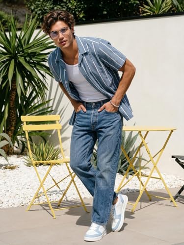 Image of Urbano Fashion Men's Cotton Half Sleeve Relaxed Fit Linen Striped Shirt with Cuban Collar