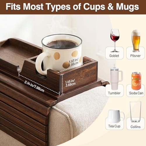 Kssiaz Couch Arm Tray, Bamboo Sofa Tray Table for Couch, Anti-Slip Armrest Organizer, 2-in-1 Split Design Fits Most Sofa Arms, Foldable Couch Cup Holder for Snacks, Phone, Control, Cups, Brown by Kssiaz - Used condition - Image 4