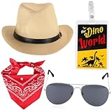 Yewong 4 Pieces Adult Dinosaur Paleontologist Costume Accessories Set - Hat Bandana Sunglasses ID Badge for Dinosaur Expert Park Ranger Halloween Movie Character Cosplay