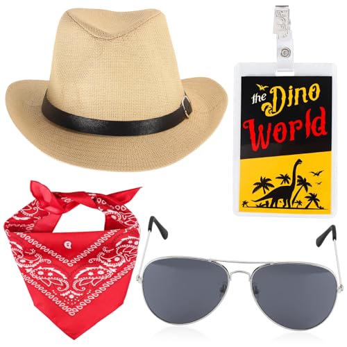 Yewong 4 Pieces Adult Dinosaur Paleontologist Costume Accessories Set - Hat Bandana Sunglasses ID Badge for Dinosaur Expert Park Ranger Halloween Movie Character Cosplay