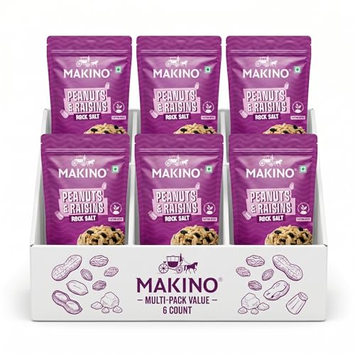 Image of Makino Peanuts & Raisins with Rock Salt, 120g (Pack of 6), High-Protein Healthy Snack | No Artificial Flavours or Colours | Fasting-Friendly (Falahari) | Perfect for Gym, School & On-the-Go | Roasted Peanuts with Black Raisins