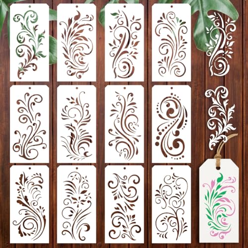 GOMAKERER 12 feuille Divers Rouleaux de Pochoirs de Fleurs, 12 Styles Modèles de Dessin de Vigne de Fleur Pochoirs D'Art PET Réutilisables de Fleurs Sauvages pour Peinture Sur Mur en Bois Décoration