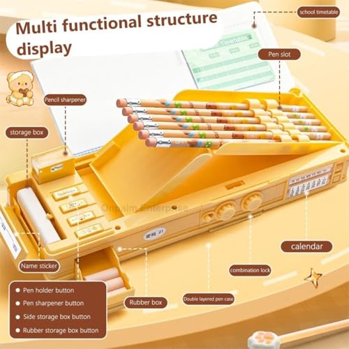 Image of Multifunctional Geometry Lock Pencil Box for Kids, Students, Boys & Girls, Magnetic & Passworld Lock Compass Box, Creamy Bear Theme School Return Gifts (Sweet Cream Bear)