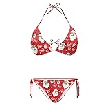 Irisjudy Fun Christmas Women Sexy 2 Piece String Bikini Set Novelty Xmas Santa Claus Print V Neck Tie Side Bottom Sexy Swimsuit Bathing Suits, Red