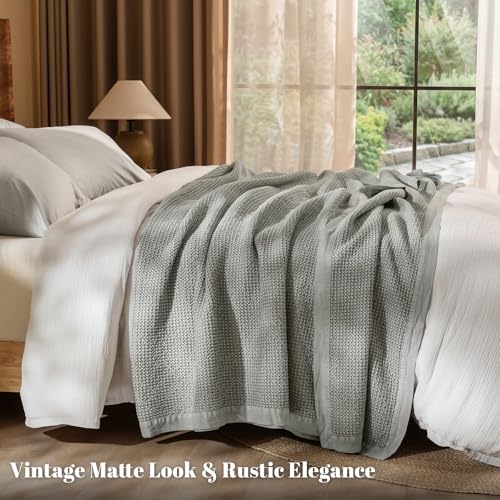 Image of PHF Stone Washed 100% Cotton Waffle Blanket, Vintage Deep Honeycomb Texture, Breathable Thermal Blanket for Bed & Home Decor, All Season Layering - Queen, Frosted Grey