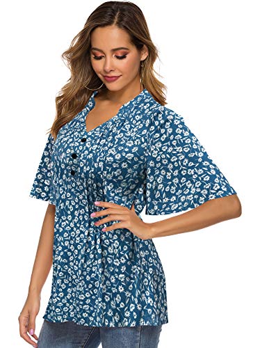 Hocosit Women's Floral Print Short Ruffle Sleeve Pleated Front V Neck Button Tunic Tops #TOP2