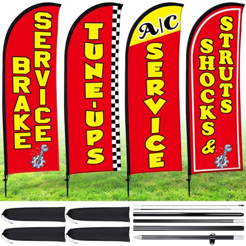 Buryeah 4 Pack Auto Repair Shop Feather Flag Kit with Flagpole Ground Stake Portable Bag for...