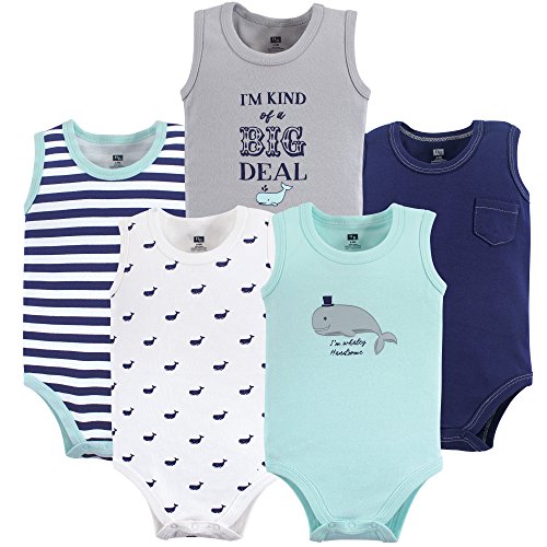 Image of Hudson baby Boys' Sleeveless Cotton Bodysuits, 5 Pack,