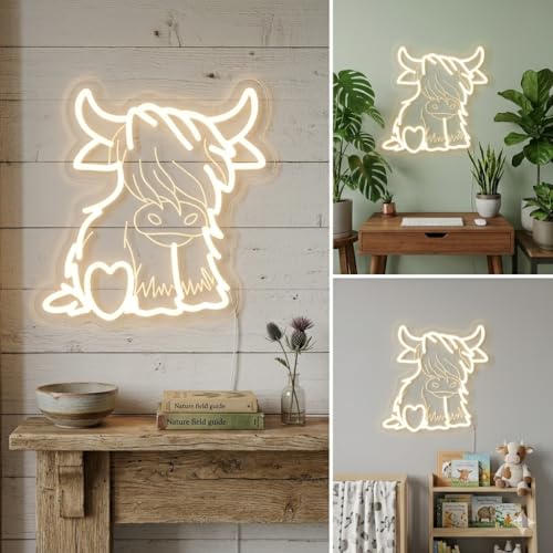 Image of Highland Cow Neon Sign, Cute LED Neon Light Sign for Wall Decor, Highland Cow LED Neon Light Sign for Bedroom, Living Room, Kids Room, Gift Neon Sign for Birthday Highland Cow Party Decorations