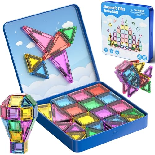 JSDKFJSA Mini Magnetic Tiles Travel Set: 60pcs Portable with Iron Storage by JSDKFJSA - Used condition - US$21.95