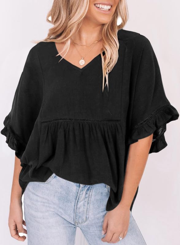 Dokotoo Womens Blouses Smocked Casual V Neck Ruffle Bell Half Sleeve Shirts Top - Image 4