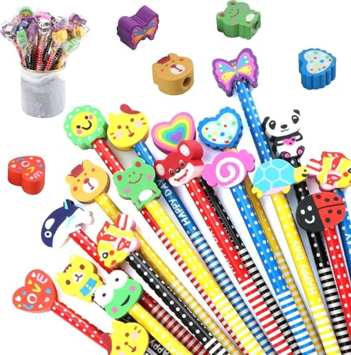VOSSOT Lot de 50 crayons à papier pour enfants, avec gomme, au design aléatoire de dessin animé, avec gommes amovibles, cadeau amusant et surprise pour garçons et filles