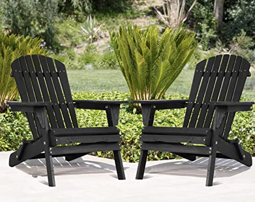 Folding Adirondack Chair Set of 2, Weather Resistant Adirondack Chairs Lawn Chair Outdoor Modern Adirondack Chairs Fire Pit Chairs Outdoor Chairs for Patio Lawn Garden Backyard Pool Deck, Black