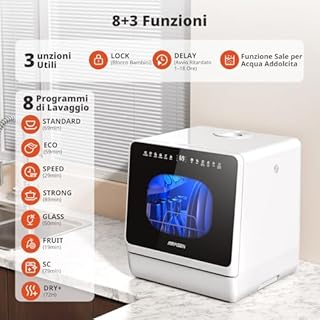 AIRMSEN Mini Lavastoviglie da Tavolo, lavastoviglie portatile da 5L, 8+3 Programmi, Avvio Ritardato 1–18 h, Sistema di Addolcimento e Blocco Bambini