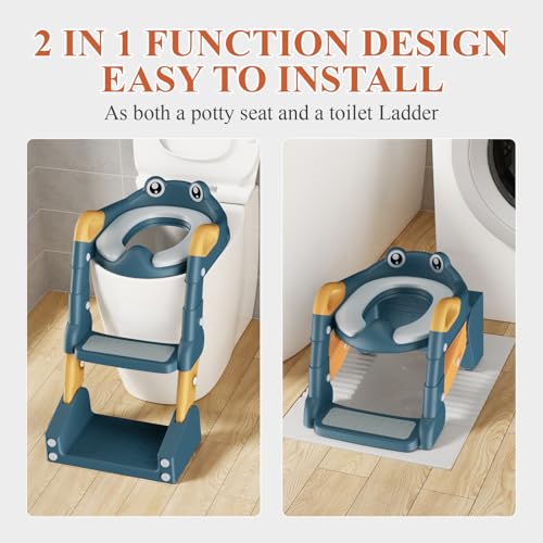2 IN 1 Toilettensitz Kinder, Toilettensitz Kinder mit Treppe für Jungen Mädchen Baby, Upgraded 2-in-1 Kinder WC Sitz mit Treppe mit Urinal und Spritzschutz (Blue-Yellow)