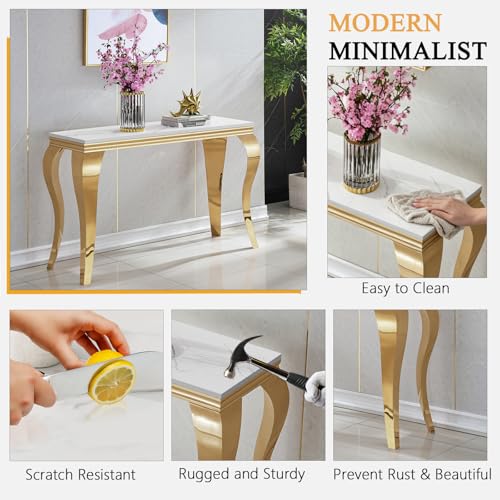 Image of Luxury Marble Console Table, White Faux Marble Top, Gold Stainless Steel S Legs, 46.8 inch Sofa Console Table Behind Couch, Modern Entryway Table for Hallway, Entrance, Foyer, Living Room