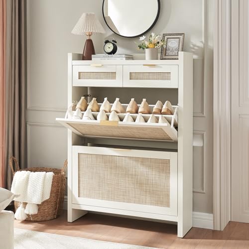 HOKYHOKY Rattan Shoe Storage Cabinet with 2 Drawers & 2 Flip Drawers – Hidden Slim Shoe Organizer for Entryway, Large Tabletop Space, Farmhouse Boho Narrow Shoe Rack, Rustic White
