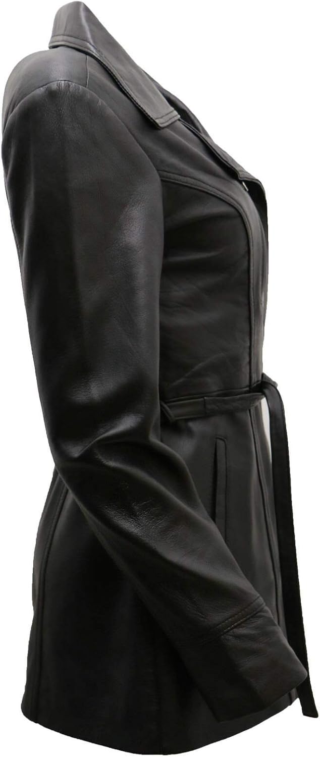 Women's Black, Brown, Tan Nappa Leather Long Biker Jacket with Belt - Image 3