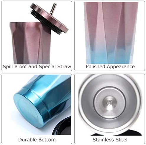 Grando Stainless Steel Tumbler Cups, Coffee Cup with Straw Vacuum Insulated Office Mug Car Drinking Cups for Ice Cold or Warm Drinking with 1 Cleaning Brush and Straw Brush (Pink and Blue 18oz/500ML)