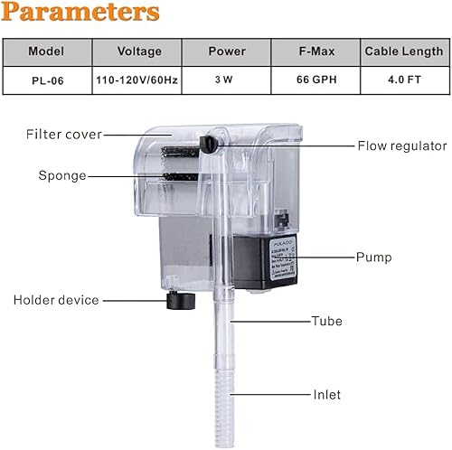 Miniatura 5 de PULACO Filtro ultra silencioso para colgar en acuario (66 GPH 3 W), filtro pequeño para pecera de 1 a 5 galones