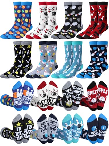 Patelai 8 Pairs Funny Bowling Gift Socks for Men Shoe Size 7-12, Novelty Crew Dress Bowling Gift Accessories for Bowlers Lovers
