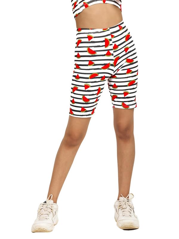 Image of DChica Cotton Cycling Shorts for Girls | Stretchable Gym Shorts /Running Shorts | High Rise Shorts for Girls | Blue Printed Tights with Elasticated Waistband | Pack of 1