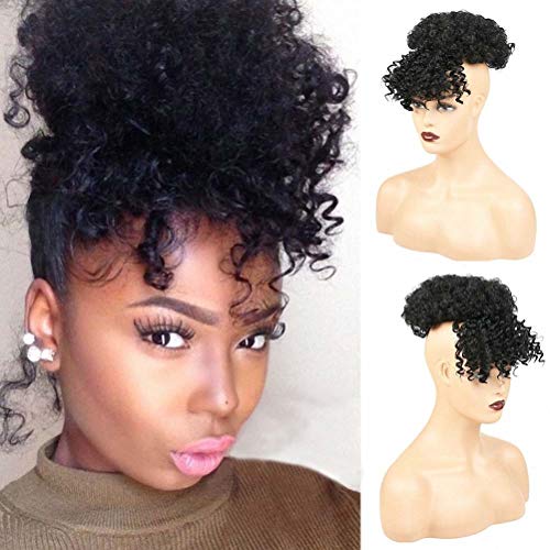 Synthetic Hair Hairpieces Ponytail Clips In Hair Extensions Natural Black Color (Curly Ponytail With Bangs, 1B)