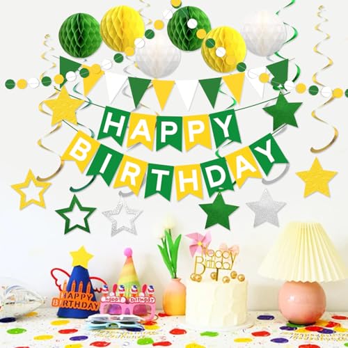 Image of Yellow Green White Birthday Party Decorations - Happy Birthday Banner, Honeycomb Ball, Star Swirls, Circle Dot Garland, Triangle Flags for Master Theme Party Decorations