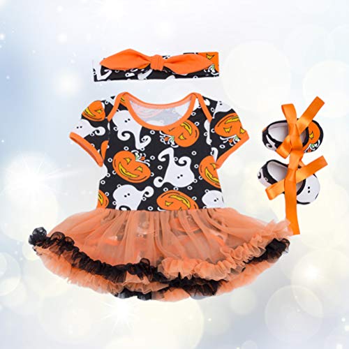 Conjunto de 3 peças em 1 KesYOO de Halloween com estampa de abóbora, vestido de manga curta e sapato