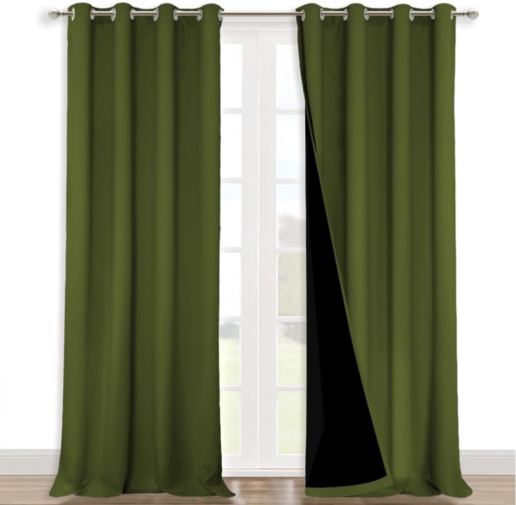 NICETOWN Full Shading Curtains 90" Long 2 Panels Set for Windows, Olive Green, Pack of 2, 52" W, Super Heavy-Duty Black Lined Blackout Curtains for Bedroom, Privacy Assured Window Treatment