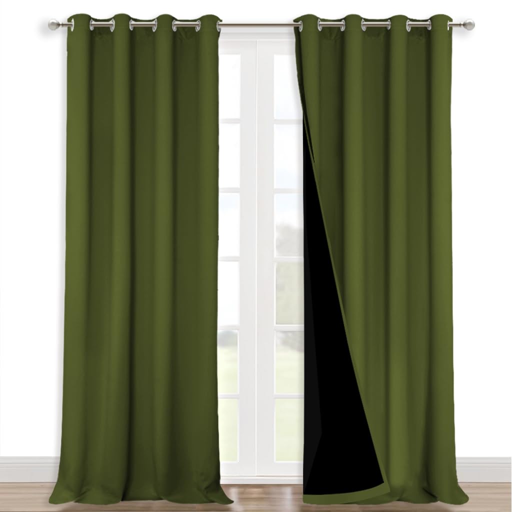 NICETOWN Full Shading Curtains for Windows, Olive Green, Pack of 2, 52 inches W x 95 inches L, Super Heavy-Duty Black Lined Blackout Curtains for Bedroom, Privacy Assured Window Treatment