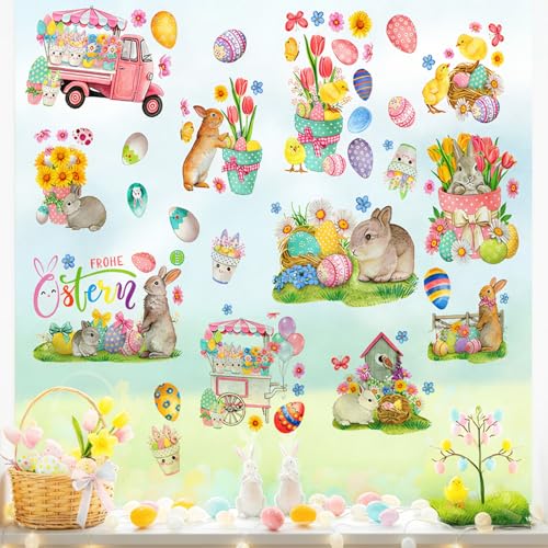 Osterdeko - 9 Blätter Selbstklebende Fensterbilder Wiederverwendbar Mit Hasen Ostereier Küken, Ostern Deko, Osterdeko Fenster, Ostern Deko Für Kinderzimmer Glastüren