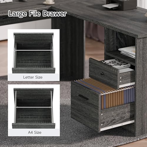 MU L-Shaped Desk with File Cabinet and Storage Drawers, 60-Inch Grey Corner Computer Desk with Power Outlets for Home Office