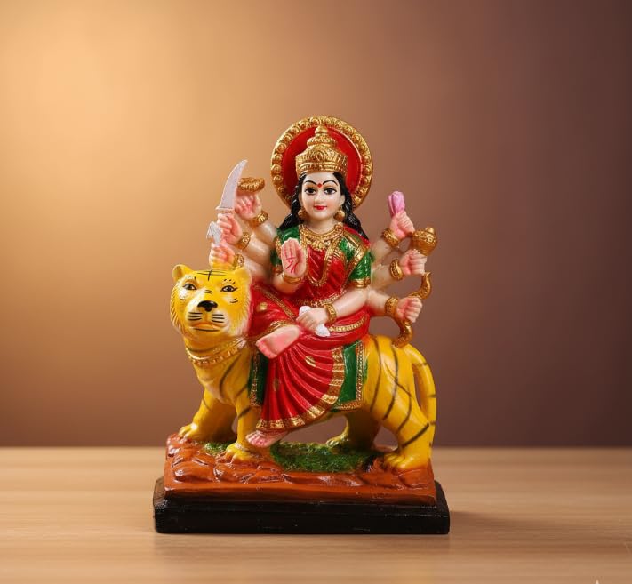 Image of Durga Maa Idol Sitting on Tiger Resin Murti for Home Temple & Pooja Room | Sherawali MATA Murti Small Size for Navratri Decoration | Durga MATA Idol for Home Decor (21 cm)