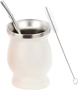 Yerba Mate Cup,Yerba Mate Cup Set,Stainless Steel Mate Tea Cup,Two Bombilla Mate Straw and a Cleaning Brush,Double Walled Durable,Easy to Clean White