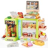 Pupu Pig Kids Grocery Store Playset, Fun Play Store with Realistic Cash Register Toy, Scanner, Play Food, Coffee Maker, Play Money & Credit Card, Preschool Toys for Girls Boys Birthday Gifts 3+