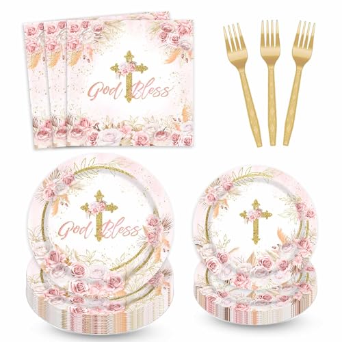 AEMUYA Baptism Plates and Napkins First Holy Communion Party Decorations Boho God Bless Floral Mi Bautizo Christening God Bless Supplies for 24