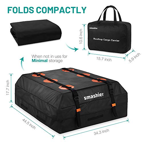 Smashier Car Rooftop Cargo Carrier Bag - 16 Cubic Ft Roof Bag, 100% Waterproof Military Grade Nylon Cordura Fabric, Heavy-Duty Zipper, Night Reflective Strip & Anti-Slip Mat Incl. for Safe Journey