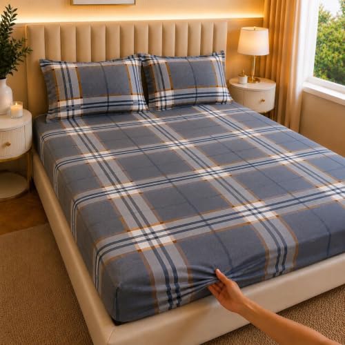 Image of Castiqa Elastic Fitted Supersoft Premium Polycotton 200TC Double Bedsheets King Size 78x72 Inch with 2 Pillow Covers (Fits Upto Mattress of 8Inches) (Multicolor IX)
