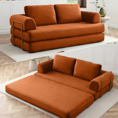 Image of HANXIN 80 Inch Convertible Sleeper Sofa Bed, High Back Plush Corduroy Folding Floor Mattress Couch with Fixed-Shape Frame, Boneless Futon Loveseat with Pull Out Bed, No Assembly Required (Orange)