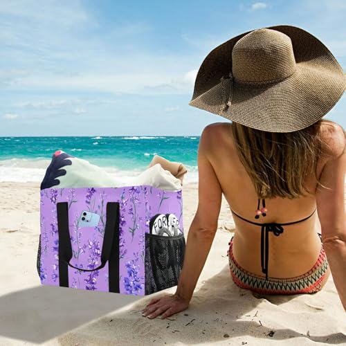 JUNZAN Vintage Delphinium Purple Large Utility Tote Bag Foldable Beach Bag Sandproof Reusable Grocery Bag with Handles Carrier Bags4