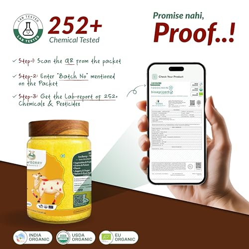 Image of COWBERRY Organic A2 Cow Ghee /Vedic Bilona Desi Ghee 1 L, Free-Grazing Native Cows | Cultured-Curd Hand-Churned | NPOP India, NOP USDA, EU Organic Certified | Lab-Tested 252+ Chemicals & Glyphosate Free