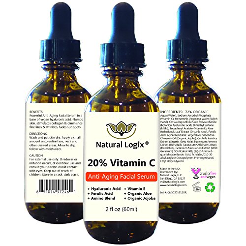 DOUBLE SIZED (2 oz) Natural Logix 20% VITAMIN C Anti-Aging Facial Serum in a base of 11% Hyaluronic Acid + Vitamin E + Ferulic Acid + Amino Blend + Aloe + Jojoba Oil - Vegan (72% Organic)