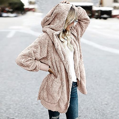 Women Oversized Hooded Sherpa Cardigan Fuzzy Fleece Jacket Winter Open Front Fleece Coat Outwear with Pockets3