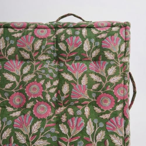 Image of Low Seating Floor Cushion 70 x 110 cm with 2 Back Support Cushions Thick Quilted Cotton Floor Mattress Pad | Floral Printed Gadda for Sitting Meditation, Yoga & Living Room Floor Seating (Pink Floral)