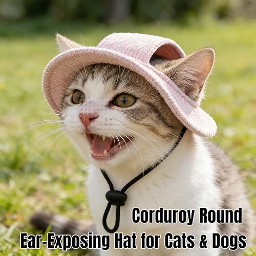Corduroy Dog Sun Hat with Ear Holes, Adjustable Strap Pet Cap for Small Medium Dogs, Breathable UV Protection, Multiple (Pink, M)